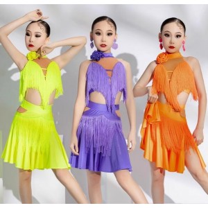 Orange lavender green fringe latin dance dresses for girls kids salsa rumba ballroom latin competition wear for kids